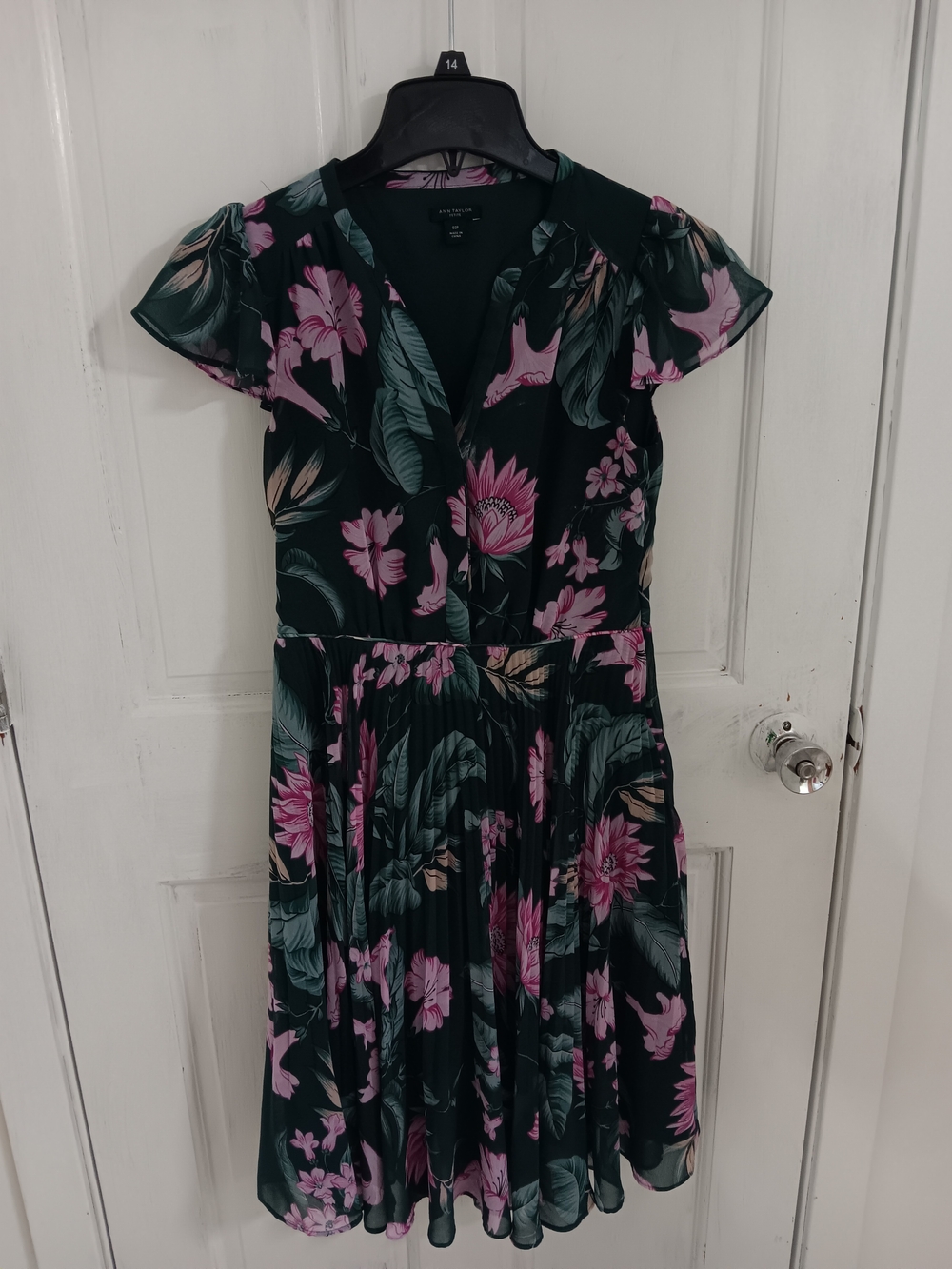 Ann Taylor Floral V-Neck Fit & Flare Dress in Dark Green with Pink Bloom